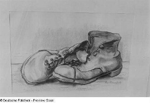 Ein gezeichnetes Paar Schuhe in der Laienkunst-Ausstellung im Grassimuseum