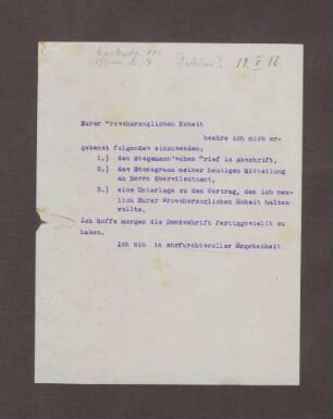 Schreiben an Prinz Max von Baden; Zusendung von Unterlagen