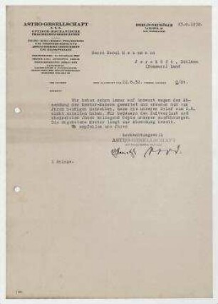 Brief von Astro-Gesellschaft m.b.H an Raoul Hausmann. Berlin