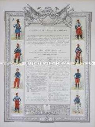 Uniformdarstellung, Rüstungen und Uniformen von Soldaten des 6. Afrikanischen Jäger-Regiments zu Pferde und Zeittafel von Schlachten und Belagerungen mit Beteiligung dieses Regiments bzw. seiner Vorläufer, Frankreich, 1747-1893.