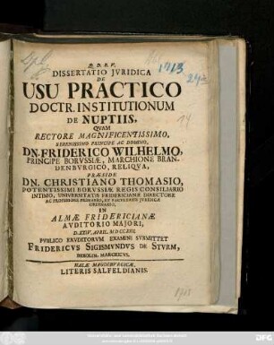 Dissertatio Jvridica De Usu Practico Doctr. Institutionum De Nuptiis