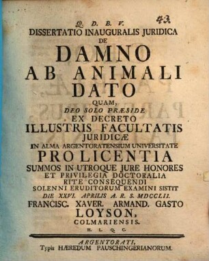 Dissertatio inauguralis juridica de damno ab animali dato