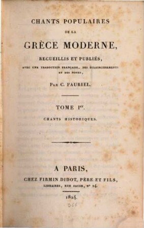 Chants populaires de la Grèce moderne. 1, Chants historiques