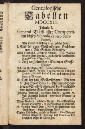 Genealogische Tabelle MDCCXLI.