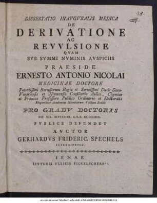 Dissertatio Inauguralis Medica De Derivatione Ac Revulsione
