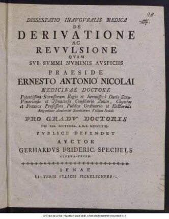 Dissertatio Inauguralis Medica De Derivatione Ac Revulsione