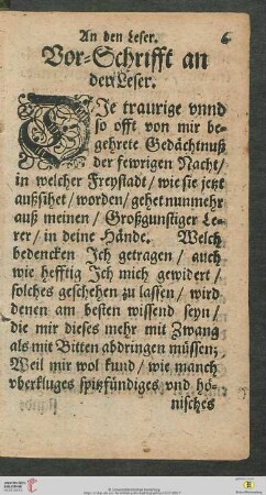 Vor-Schrifft an den Leser