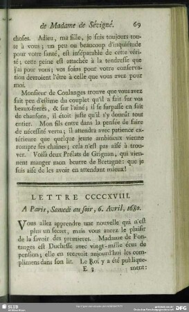 Lettre CCCCXVIII. A Paris, Samedi au soir, 6. Avril, 1680