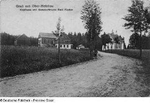 Postkarte "Gruß aus Ober-Holzhau. Gasthaus und Sommerfrische Emil Fischer" (1913; Papyruswerk Kötzschenbroda)