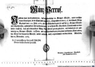 Münz-Verruf. Nachdem man wahrgenommen, daß viele auswärtige 12. Kreutzer-Stücke, unter verschiedenen Geprägen, in die Churlande eingeschlichen ... : München, den 22. November, 1763.