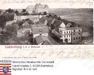Lichtenberg im Odenwald, Ort mit Burg vom Bollwerk aus gesehen