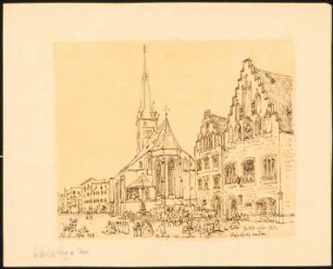 Marktkirche und Rathaus, Wasserburg: Durchzeichnung: Perspektivische Ansicht der Chorseite der Kirche, Außenfassade des Rathauses und Platz mit Brunnen, nach: Illustrirte Zeitung, 1874, S. 408