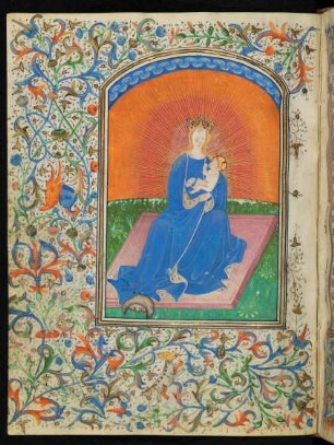 Vollbordürenseite mit Miniatur (Strahlenkranzmadonna) und bewohnter Blattrankenbordüre