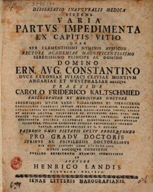 Dissertatio Inavgvralis Medica Sistens Varia Partvs Impedimenta Ex Capitis Vitio