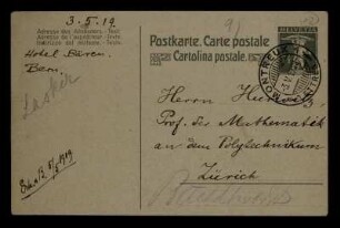 Nr. 18: Postkarte von Emanuel Lasker an Adolf Hurwitz, Bern, 3.5.1919