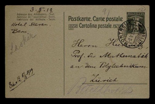 Nr. 18: Postkarte von Emanuel Lasker an Adolf Hurwitz, Bern, 3.5.1919