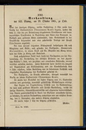 XXII. Verhandlung der 143. Sitzung, am 29. Oktober 1865, zu Oels
