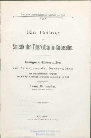 Ein Beitrag zur Statistik der Tuberkulose im Kindesalter