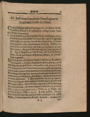 IV. Iudicium Facultatis Theologicae in Academia Hasso-Giessena.
