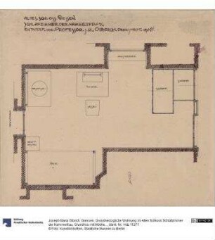 Giessen, Grossherzogliche Wohnung im Alten Schloss Schlafzimmer der Kammerfrau, Grundriss mit Möblierungsplan