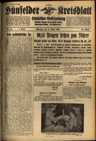 Erste Ausgabe vom Montag, den 11. April 1938.