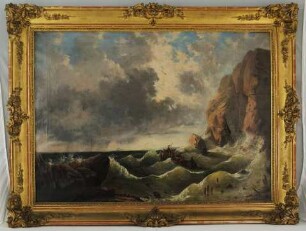 Schiffbrüchige im Kahn vor Felsenküste