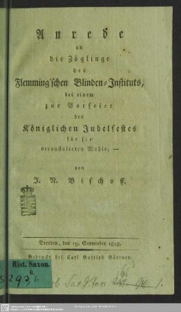Anrede an die Zöglinge des Flemming'schen Blinden-Instituts ...