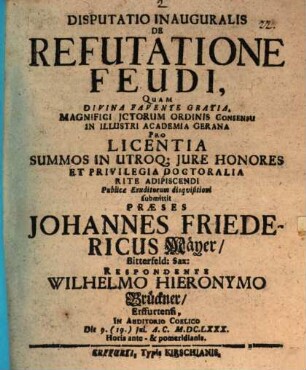 Disputatio Inauguralis De Refutatione Feudi