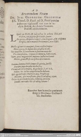 Ad Reverendum Virum Dn. Joh. Georgium Grossium