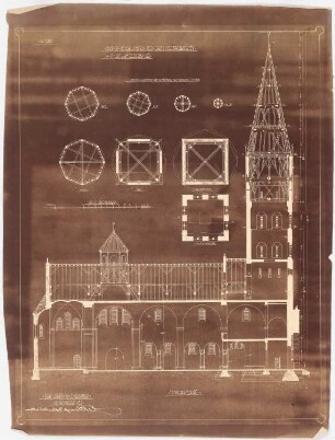 St. Antonius von Padua, Wickede Erweiterung: Längsschnitt der Kirche mit Turmanbau, Grundrisse des Turms 1:100
