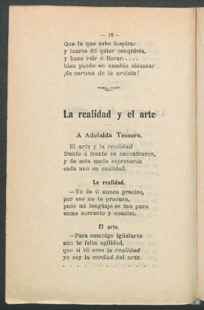 La realidad y el arte : A Adelaida Tessero