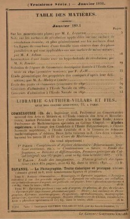 Table des matières. Janvier 1891.