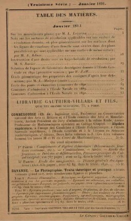 Table des matières. Janvier 1891.