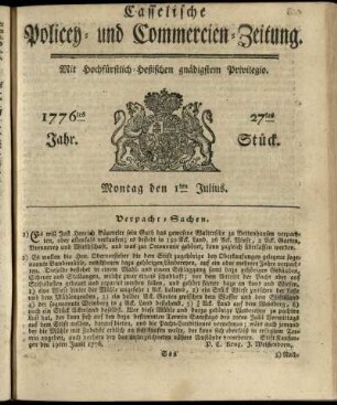 27tes Stueck, Montag den 1ten Julius 1776