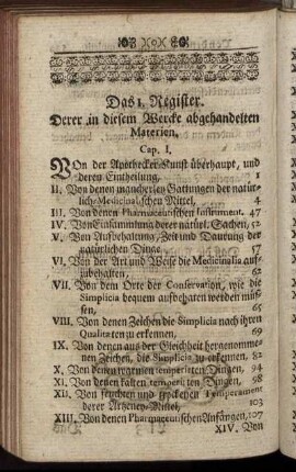 Das 1. Register. Derer in diesem Wercke abgehandelten Materien.