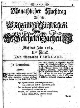 Monathlicher Nachtrag [...] Auf das Jahr 1763. IItes Stuck Des Monaths Februarii