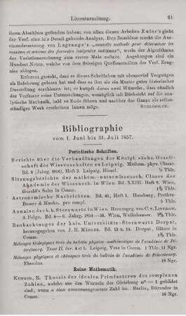 Bibliographie vom 1. Juni bis 31 Juli 1857.