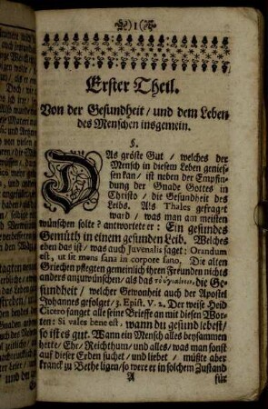 Erster Theil. Von der Gesundheit, und dem Leben des Menschen insgemein.