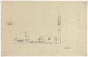 Gsaenger, Gustav; Erlangen - Süd (Bayern); Ev. Matthäus Kirche, Pfarrhaus und Gemeindesaal - Wettbewerb und Vorprojekt, Südseite (Ansicht)