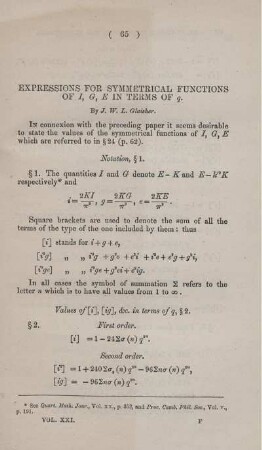 Expressions for symmetrical functions of I, G, E, in terms of q.