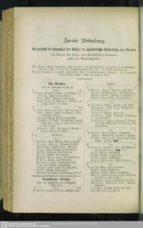 Zweite Abtheilung. Häuserbuch : Zweite. Abtheilung. Verzeichniß der Bewohner der Häuser in alphabetischer Reihenfolge der Straßen