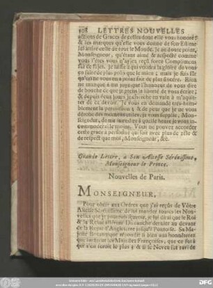 Grande Lettre, à Son Altesse Sérénissime, Monseigneur le Prince. Nouvelles de Paris.