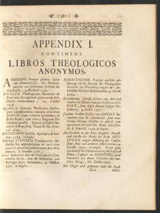 Appendix I. Continens Libros Theologicos Anonymos