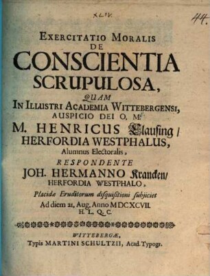 Exercitatio moralis de conscientia scrupulosa