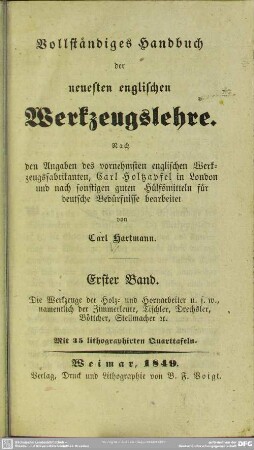 1: Die Werkzeuge der Holz- und Hornarbeiter ... : mit 35 lithogr. Taf