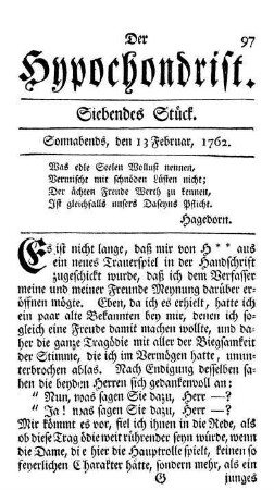 Siebendes Stück. Sonnabends, den 13 Februar, 1762.