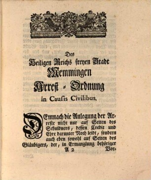 Reichs-Stadt Memmingische Arrest-Ordnung in Causis Civilibus