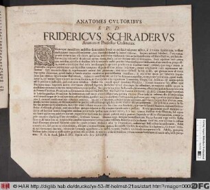 Anatomes Cultoribus S.P.D. Fridericus Schraderus Anatomes Professor Ordinarius