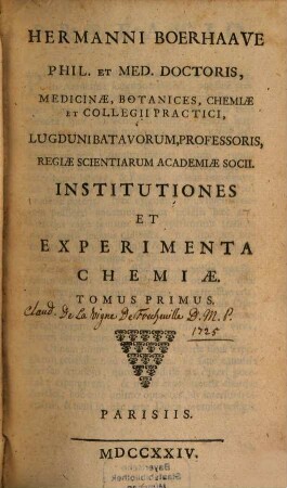Institutiones et experimenta Chemiae. 1
