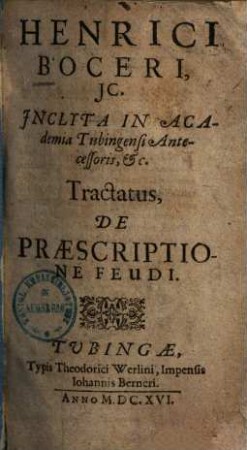 Henrici Boceri ... Tractatus, de praescriptione feudi